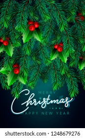 Background with Realistic Looking Christmas Tree Branches and red holly berries, vector illustration.
