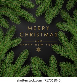 Background with Realistic Looking Christmas Tree Branches and Season Wishes.