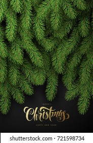 Background with Realistic Looking Christmas Tree Branches and Season Wishes.