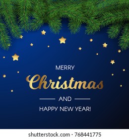 Background with Realistic Looking Christmas Tree Branches. Vector illustration. Brochure design template, Card, Banner.