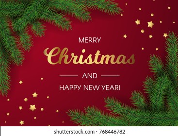 Background with Realistic Looking Christmas Tree Branches. Vector illustration. Brochure design template, Card, Banner.