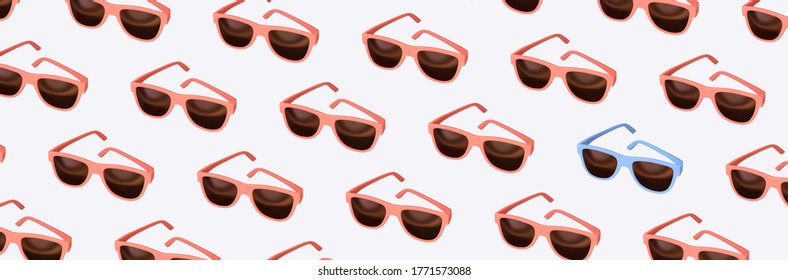 Background with realistic modern stylish glasses. Vector Glasses 3d design object. Sunglasses pattern red color. 