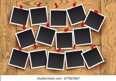 Background of realistic photo frames with red pins on wooden texture. Template retro photo design. Vector illustration