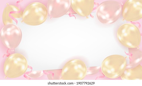 Background from realistic pink and gold air balloons with a blank sheet of paper. Vector illustration for celebration of happy birthday, Valentines Day, wedding with space for text