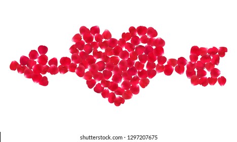 Background with realistic red rose petals in the shape of a heart pierced by an arrow isolated on white background. 