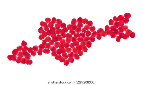 Background with realistic red rose petals in the shape of a heart pierced by an arrow isolated on white background. 