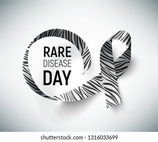 Background with realistic ribbon. Symbol of rare disease awareness day, ribbon with zebra-print. Template for poster for awareness day 28 february, vector illustration.