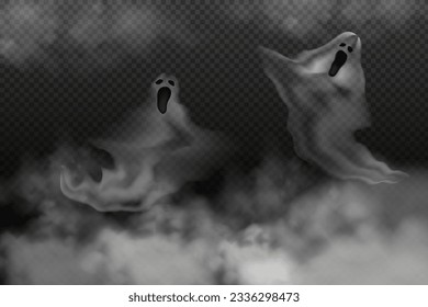 Background of realistic scary flying ghosts.Creepy ghouls and vampires.Scary phantoms banner vector.3d smoke,fog looking spirit at night.The main symbols of Halloween.