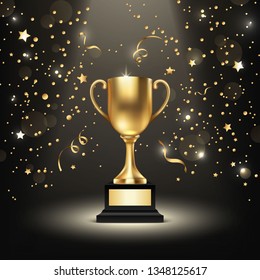 Background with Realistic Vector 3d Blank Golden Shiny Champion Cup. Championship Trophy. Sport Tournament Award, Gold Winner Cup and Victory Concept