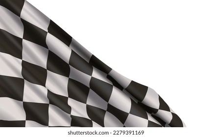 Background with a realistic waving chequered (checkered) racing flag isolated on white backdrop. Vector element for racing competition banners, for announcement of the race winner.