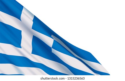 Background with a realistic waving Greece flag on white background. Vector template for Greek patriotic holidays celebration Independence Day, Ochi Day, Labour Day.