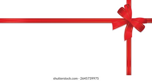 Background for rectangular banner with image of red lush satin bow with gold borders on transparent background. Vector.