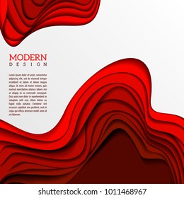 Background with red abstract multilayered wavy pattern. Paper art style. Template design for posters, banners, flyers, booklets.