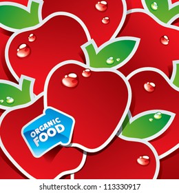Background from red apples with the arrow by organic food. Vector illustration.