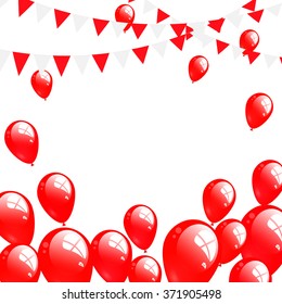 background with red balloons and pennants, party balloons with space for text, vector illustration
