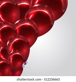Hintergrund mit roten Ballons. Realistische rote Ballons Hintergrund mit Platz für Text. Vektorgrafik. Schöne marode glänzende Ballons auf hellem Hintergrund