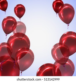Background with red balloons. Realistic red balloons background with place for text. Vector illustration.