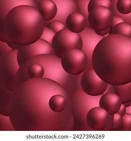 Background with red balls, blur effect. 3d round spheres. Geometric design elements circle ball pattern. Flying shapes in empty space. Design for poster, banner, placard. vector illustration