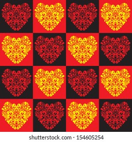 background red and black chess board, yellow heart pattern vector