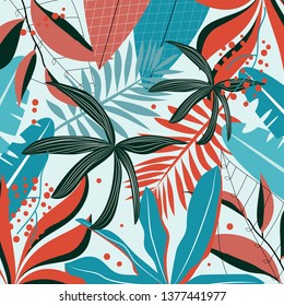 Background with red, blue and dark tropical leaves. Flat jungle print. Floral background.