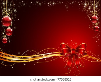 Background with red bow and Christmas balls, illustration