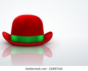 Background of Red bowler hat with silk green ribbon. Editable Vector illustration.