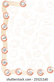 background with a red brush line and food symbols on red circles and red transparent food symbols on the background
