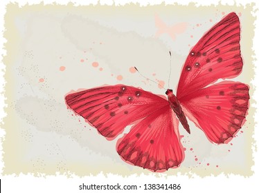 Background with red butterfly in watercolor technique. All objects are isolated. Butterfly is on a separate layer