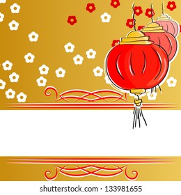 background with red Chinese lanterns and flowers