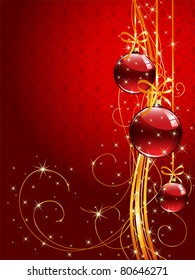 Background with red Christmas balls and tinsel, illustration