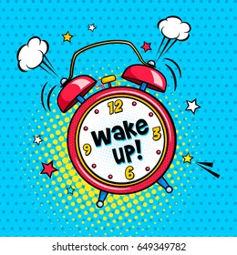 Background with red comic alarm clock ringing and expression wake up text on the dial. Vector bright dynamic cartoon illustration in retro pop art style on halftone background.