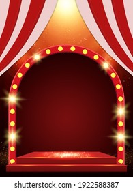 Background with red curtain, arch banner and spotlights. Design for presentation, concert, show. Vector illustration