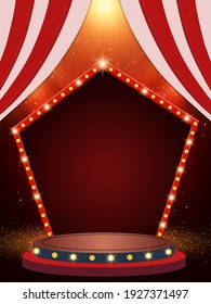 Background with red curtain, arch banner and spotlights. Design for presentation, concert, show. Vector illustration