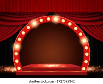 Background with red curtain and arch banner. Design for presentation, concert, show. Vector illustration