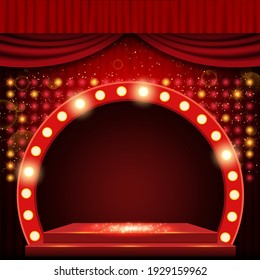 Background with red curtain and arch banner. Design for presentation, concert, show. Vector illustration