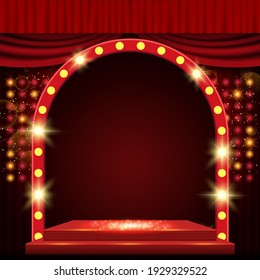 Background with red curtain and arch banner. Design for presentation, concert, show. Vector illustration