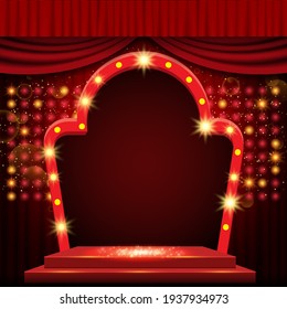 Background with red curtain and arch banner. Design for presentation, concert, show. Vector illustration