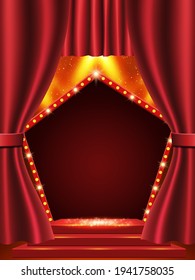 Fondo con cortina roja, pancarta en arco y focos. Diseño para presentación, concierto, show. Ilustración del vector