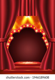 Hintergrund mit rotem Vorhang, Bogenbanner und Scheinwerfern. Design für Präsentation, Konzert, Show. Vektorgrafik