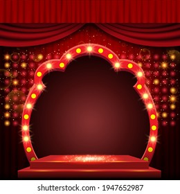 Hintergrund mit rotem Vorhang und Bogenbanner. Design für Präsentation, Konzert, Show. Vektorgrafik
