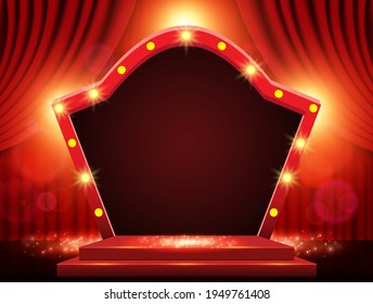 Fondo con cortina roja, pancarta en arco y focos. Diseño para presentación, concierto, show. Ilustración del vector