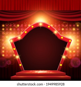 Background with red curtain and arch banner. Design for presentation, concert, show. Vector illustration