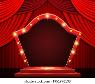 Background with red curtain and arch banner. Design for presentation, concert, show. Vector illustration