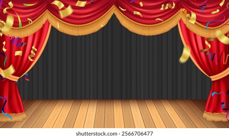 Background with red curtain and arch banner. Design for presentation, concert, show. Vector illustration