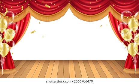 Background with red curtain and arch banner. Design for presentation, concert, show. Vector illustration