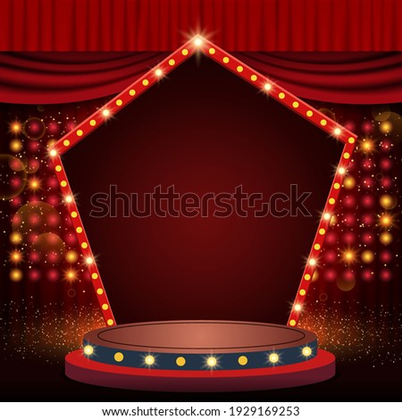 Background with red curtain and arch banner. Design for presentation, concert, show. Vector illustration