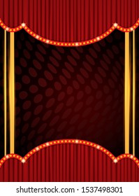 Background with red curtain. Design for presentation, concert, show. Vector illustration
