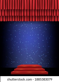 Background with red curtain on blue with stars and podium. Design for presentation, concert, show. Vector illustration