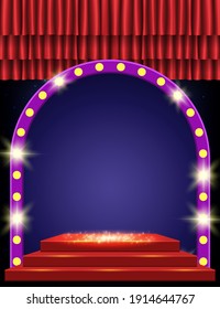 Background with red curtain on blue with arch banner and podium. Design for presentation, concert, show. Vector illustration