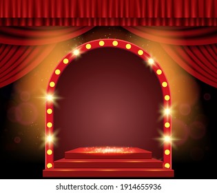 Background with red curtain, podium, arch banner and spotlights. Design for presentation, concert, show. Vector illustration